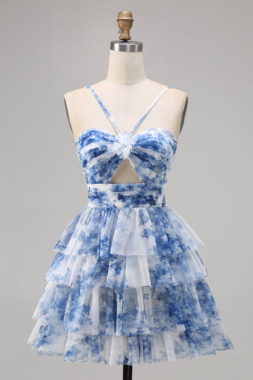White Blue Flower A-line Tiered Cut Out Short Homecoming Dress